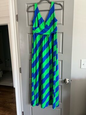 Jude Connally Blue and Green Striped Maxi Dress